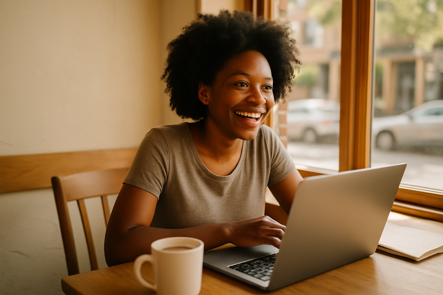 Smiling Black woman founder reviewing a pitch deck on a laptop in a sunny café