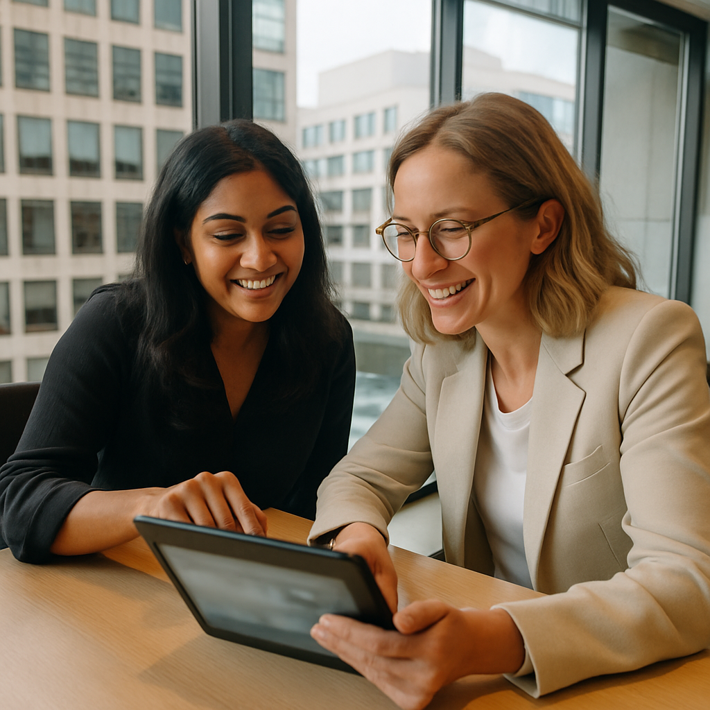 South Asian woman founder and woman investor collaborating over a tablet in a glass-walled meeting room