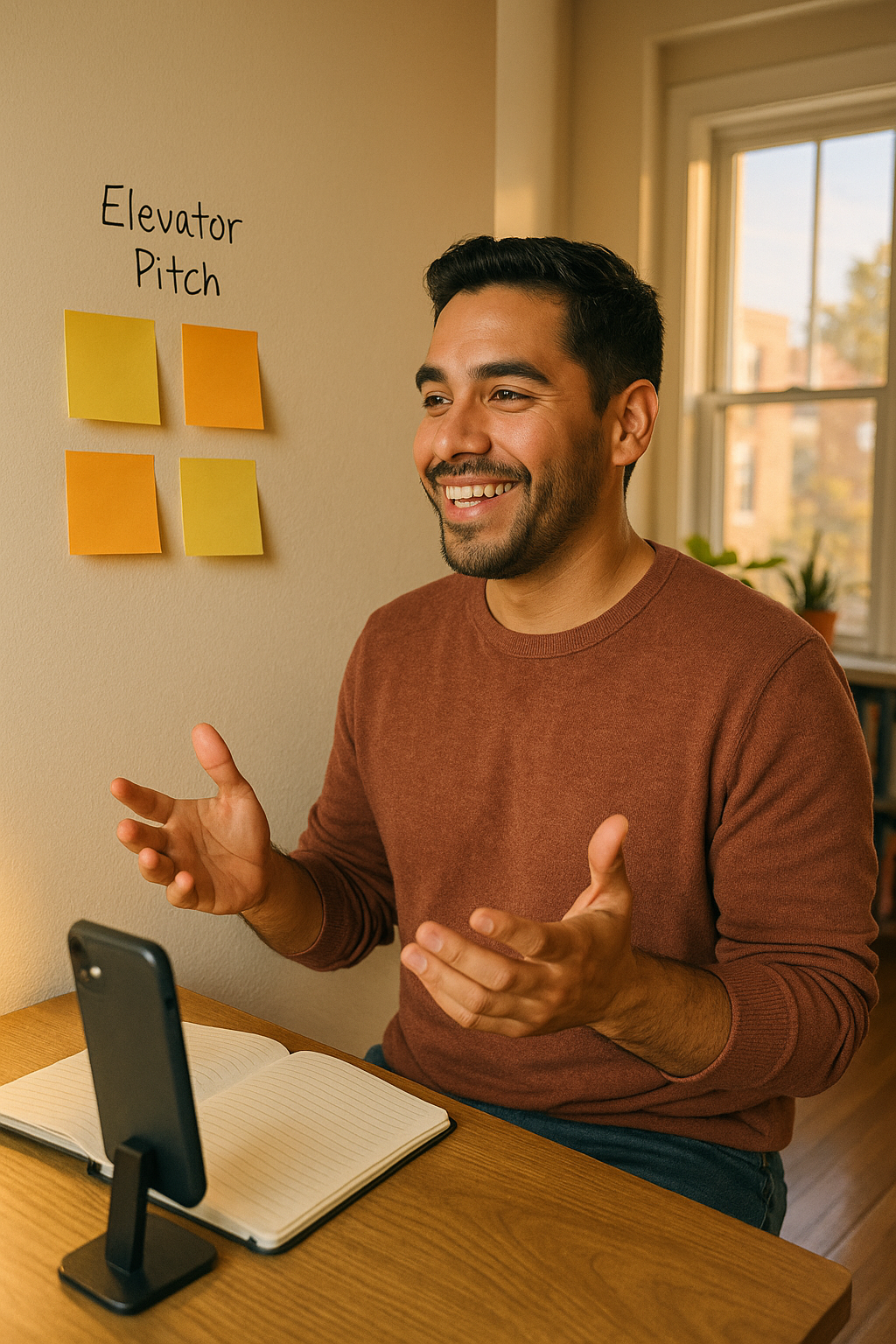 Latino man founder practicing an elevator pitch with notes on the wall, looking confident and upbeat